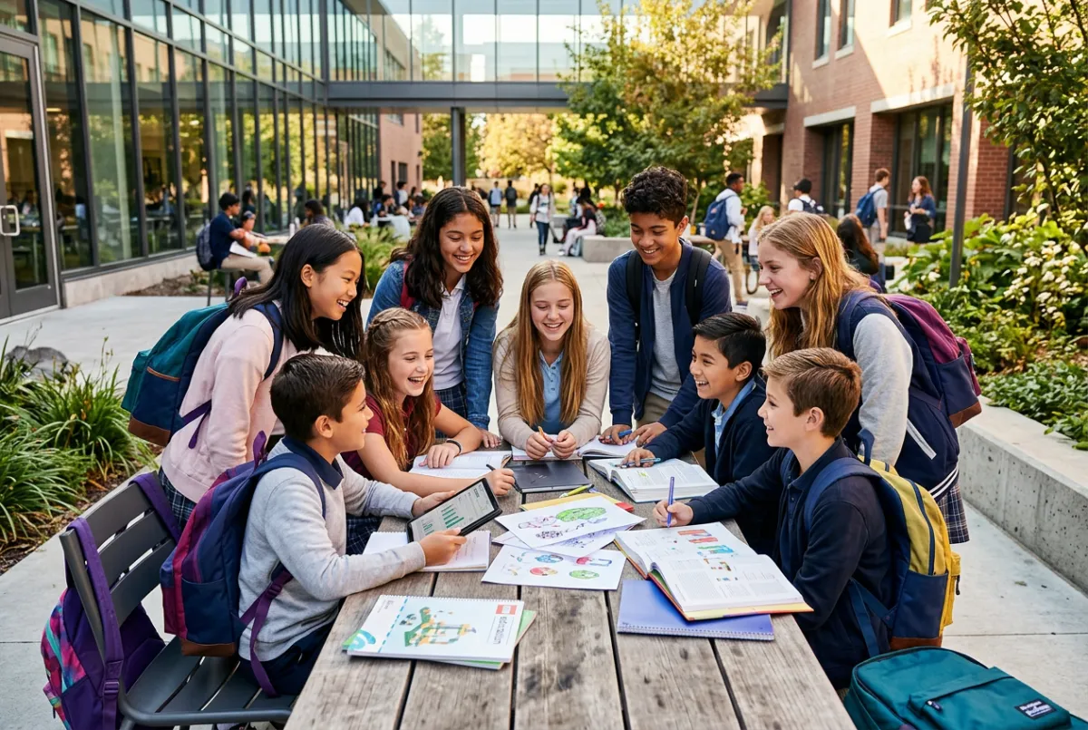 Enthusiastic elementary and high school students collaborating on campus