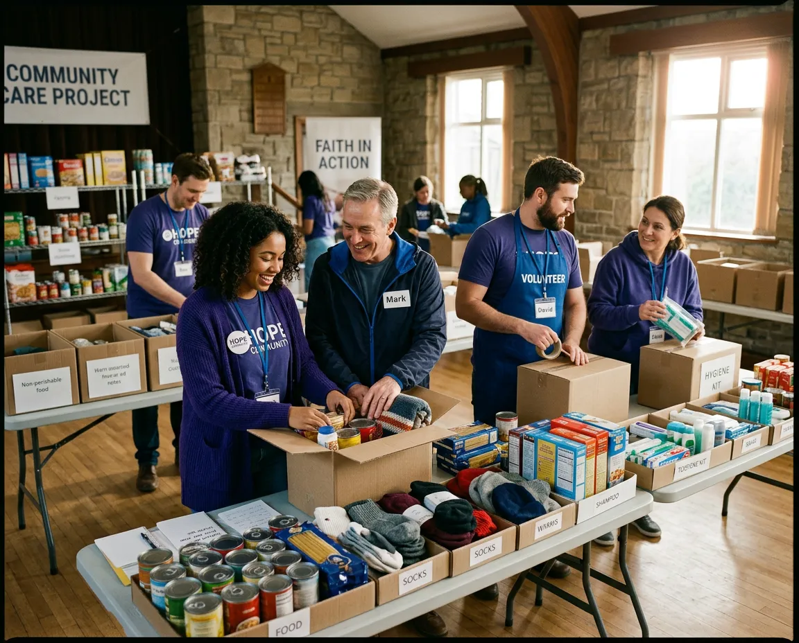 Church and nonprofit volunteers organizing community care packages and supplies