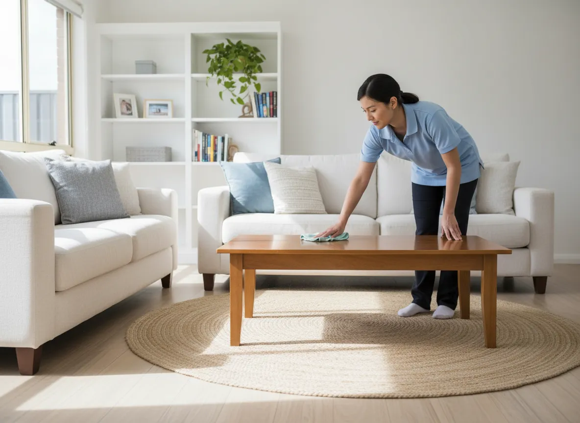 Cleaner performing house cleaning in Penrith living room