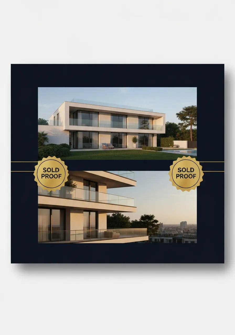 Composite of two overlapping elegant property facades with VENDIDO elegant badge overlays