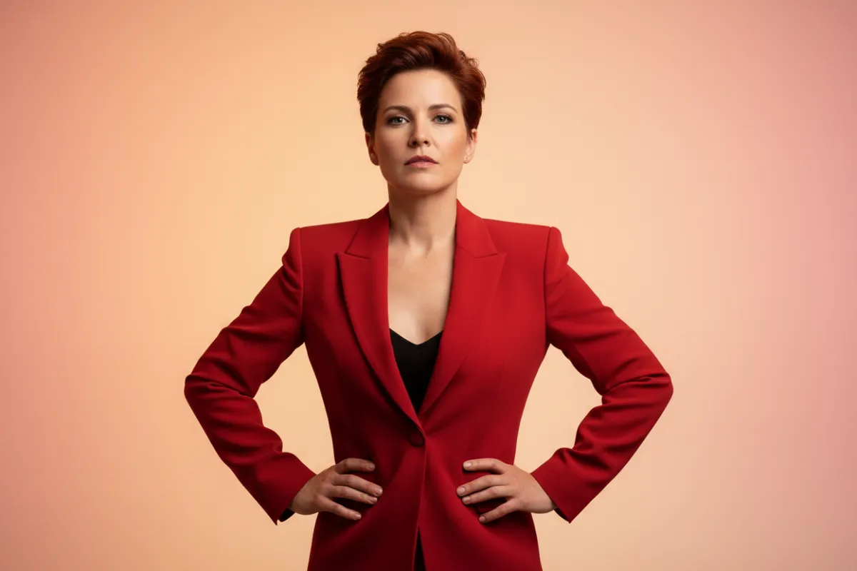 Confident woman with short hair in bold red blazer, standing against a soft gradient background, looking directly at the camera with a determined expression. Modern, clean style, 3:2 aspect ratio.