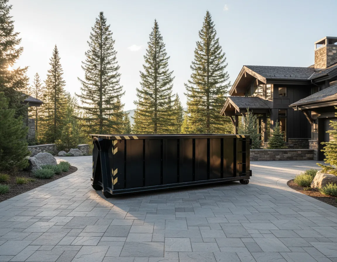 15-yard dumpster placed safely on a residential driveway
