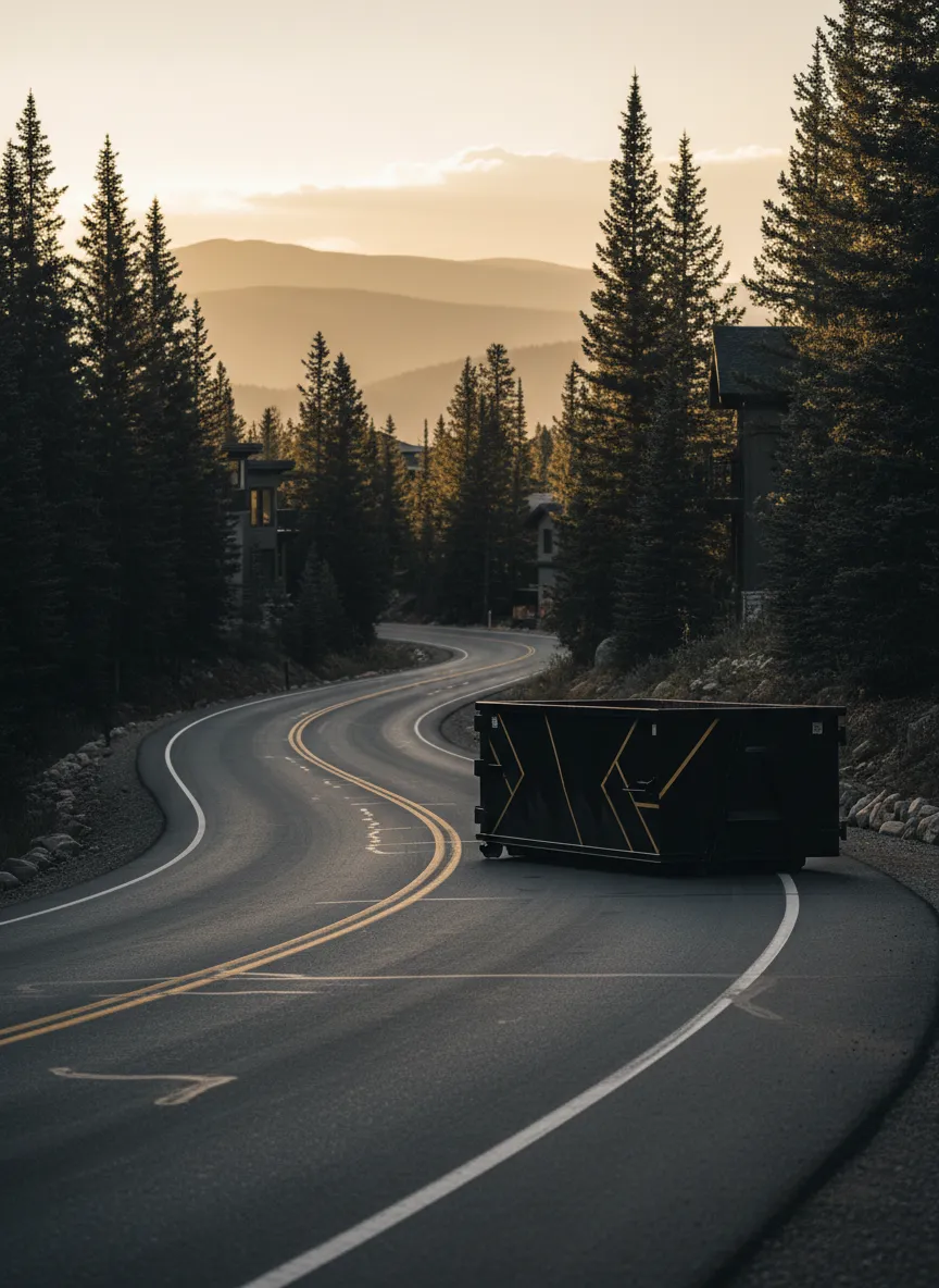 Snappy Bin Operations specialized dumpster delivery on narrow mountain road