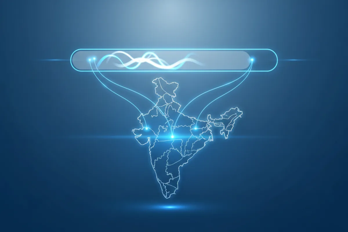A sleek digital illustration of a domain name on a glowing browser bar, with a stylized map of India in the background, symbolizing national reach and digital authority. The color palette is blue and white, with crisp, modern lines.