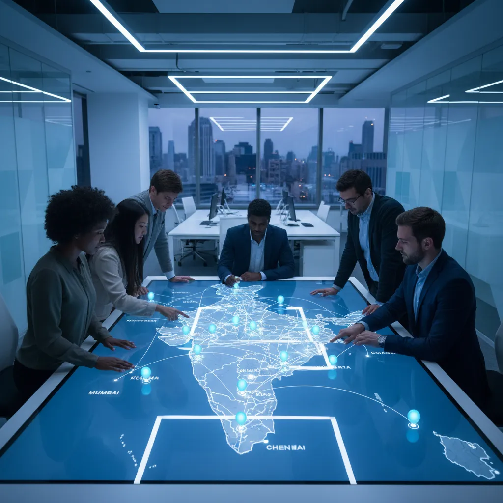 A diverse group of professionals collaborating around a digital map of India, with data points and network lines connecting major cities, representing influence and reach. The setting is a modern office, with a blue and white color scheme.