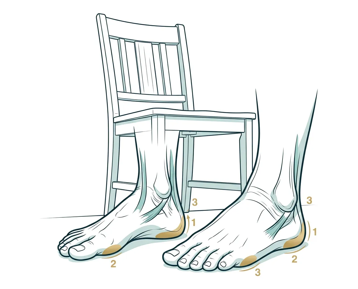 Clinical line diagram illustrating gentle, guided Otago balance movements with safe chair support