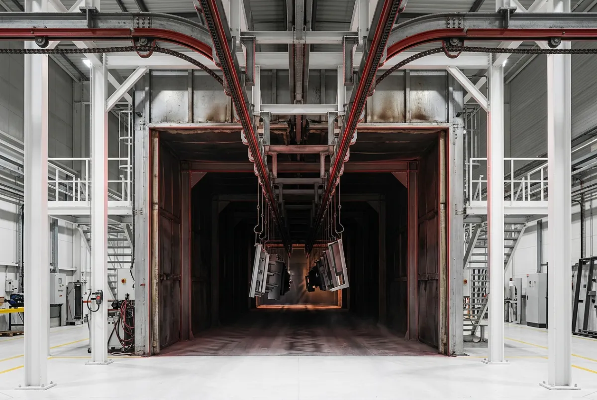 Industrial 25 foot batch powder coating oven and spray system