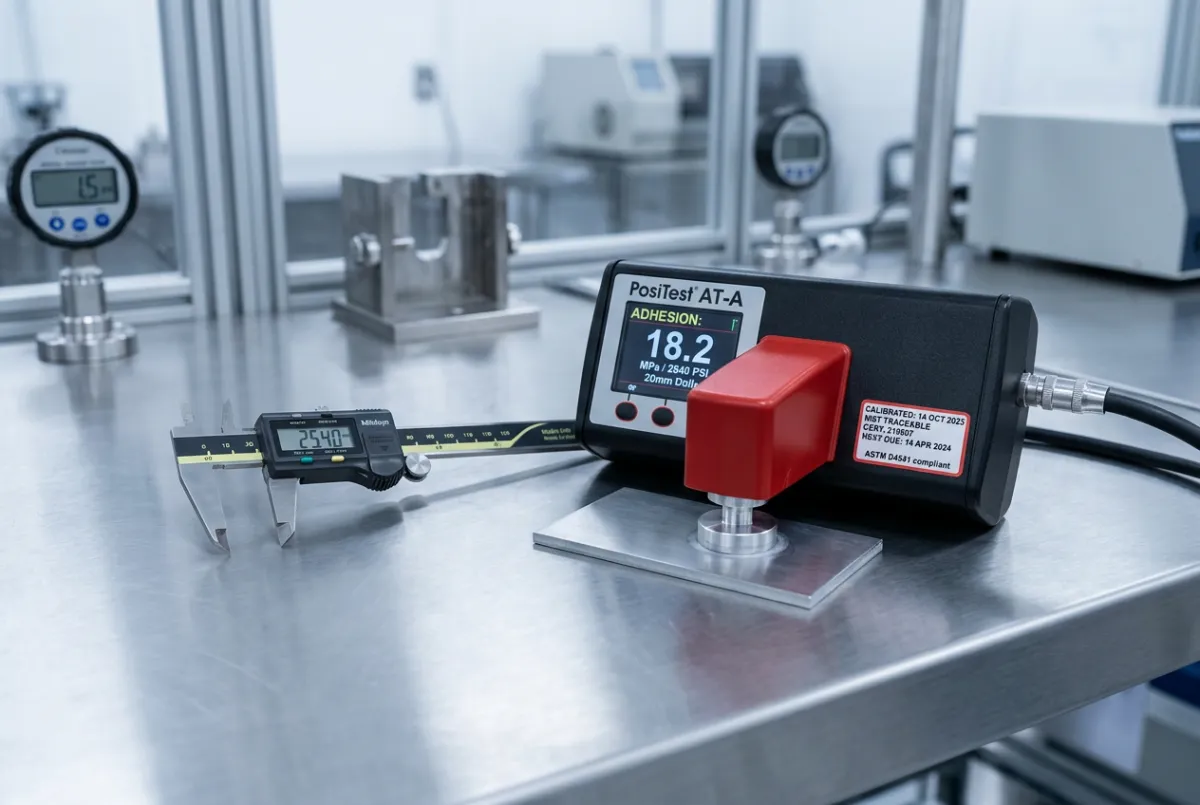 Quality technician performing calibrated coating thickness and adhesion testing
