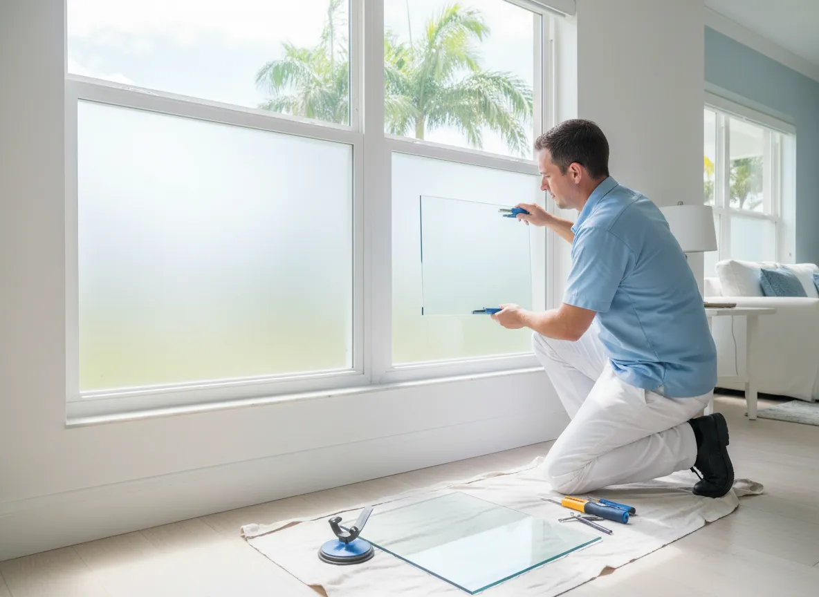 Technician repairing fogged residential window glass in St. Lucie