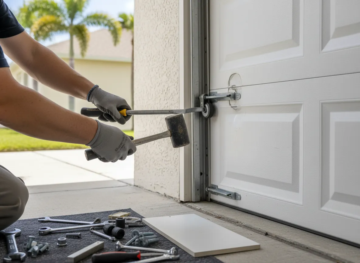 Panel and track repair on residential garage door in St. Lucie West