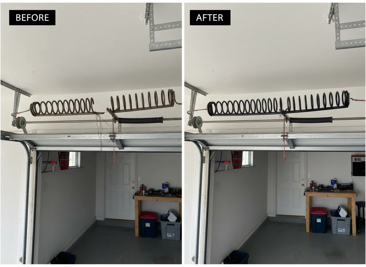 Before and after broken spring replacement on a residential garage door in Port St. Lucie
