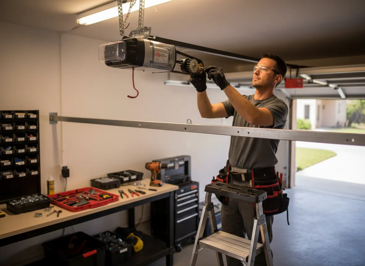 Garage door opener replacement with technician working on opener in Fort Pierce garage