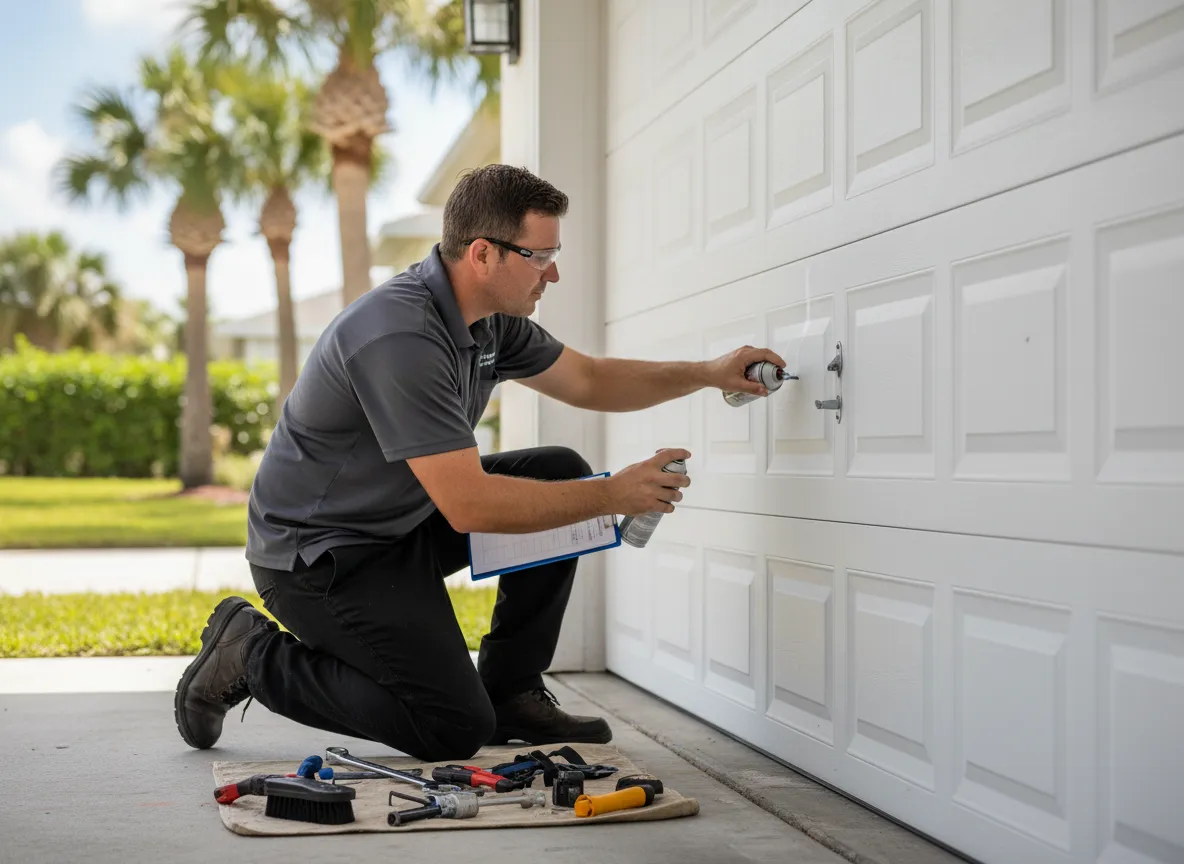 Technician performing garage door maintenance and safety inspection in Jensen Beach