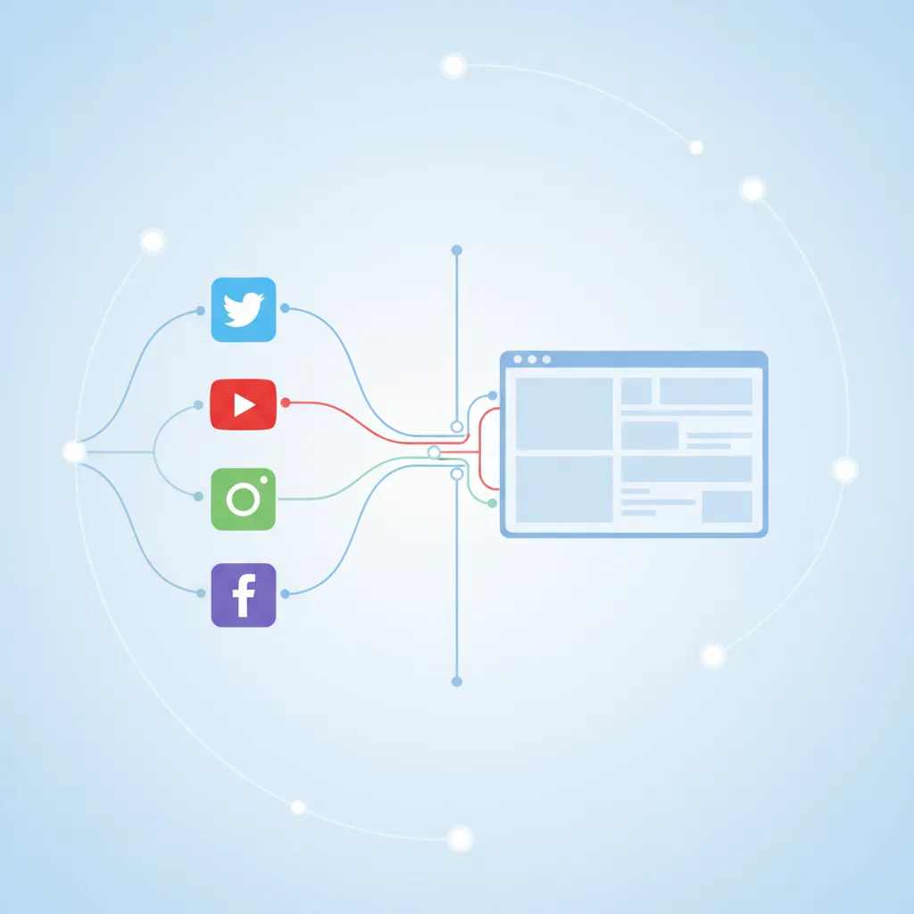 A split-screen illustration showing icons for multiple social media platforms connected to a single dashboard, symbolizing unified management. The background is bright and minimal, with a focus on connectivity and efficiency.
