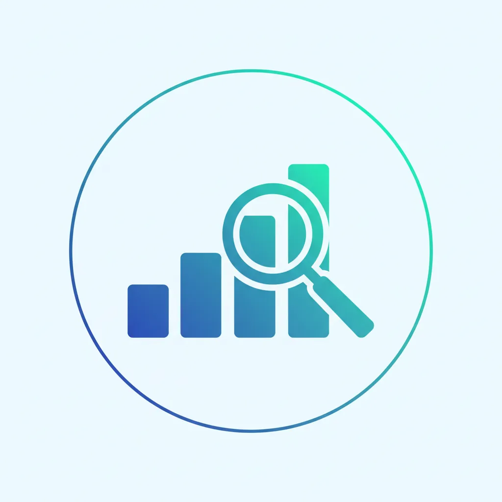 A circular analytics icon with upward-trending bars and a magnifying glass, symbolizing insights. The icon is crisp, with blue and teal tones.
