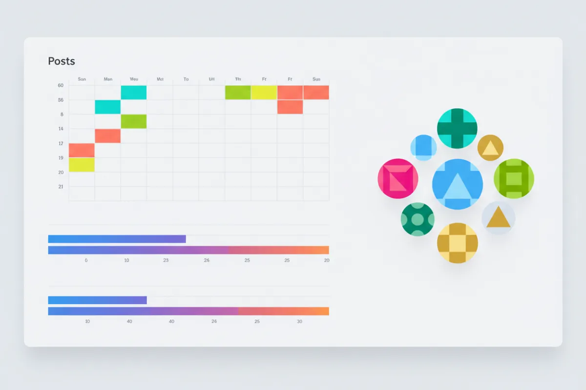A modern SaaS dashboard interface showing a unified calendar with scheduled social media posts, analytics graphs, and account avatars. The interface is clean, vibrant, and visually organized for busy social media managers.