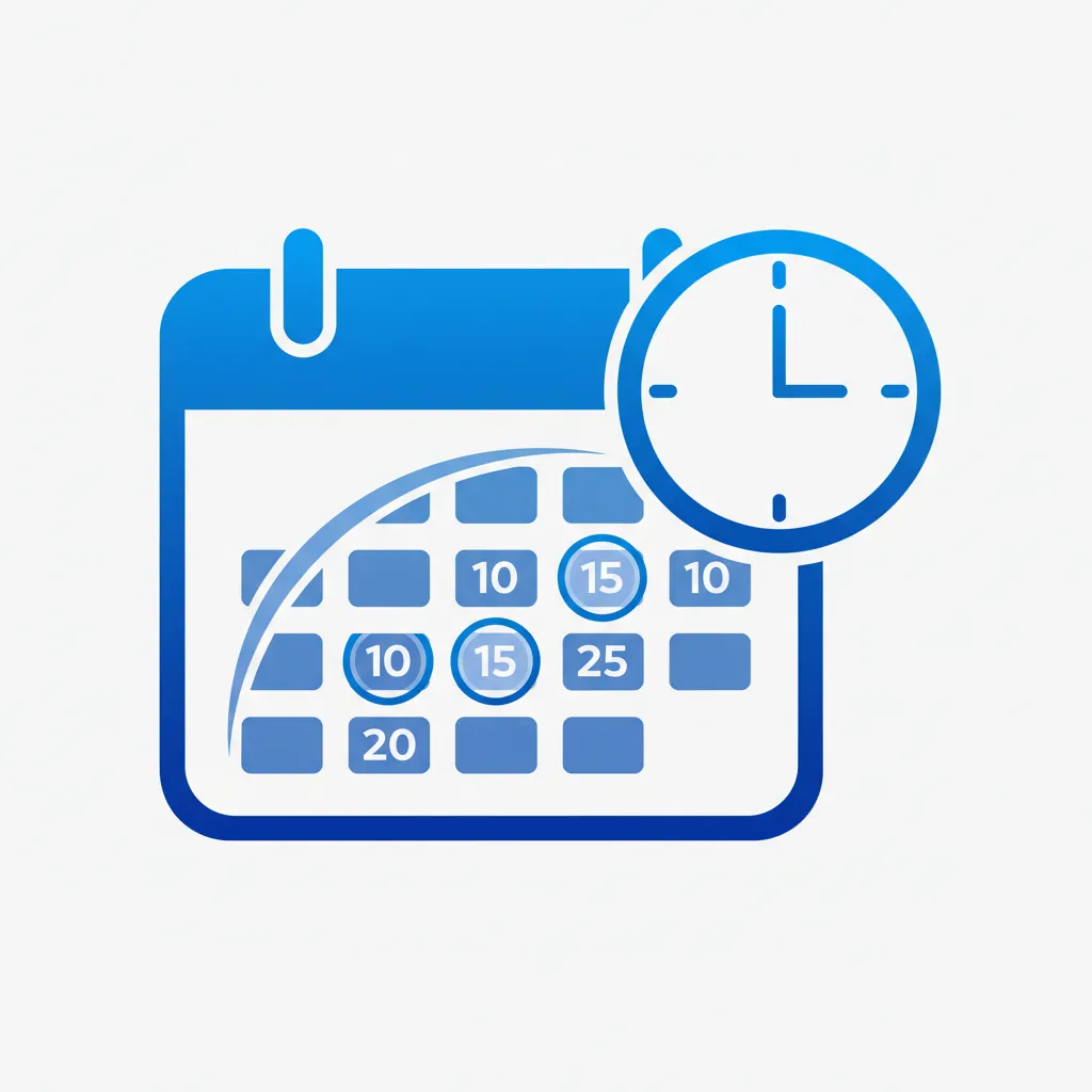 A stylized calendar icon with highlighted dates and a clock overlay, representing scheduling features. The icon uses blue gradients and clean lines.