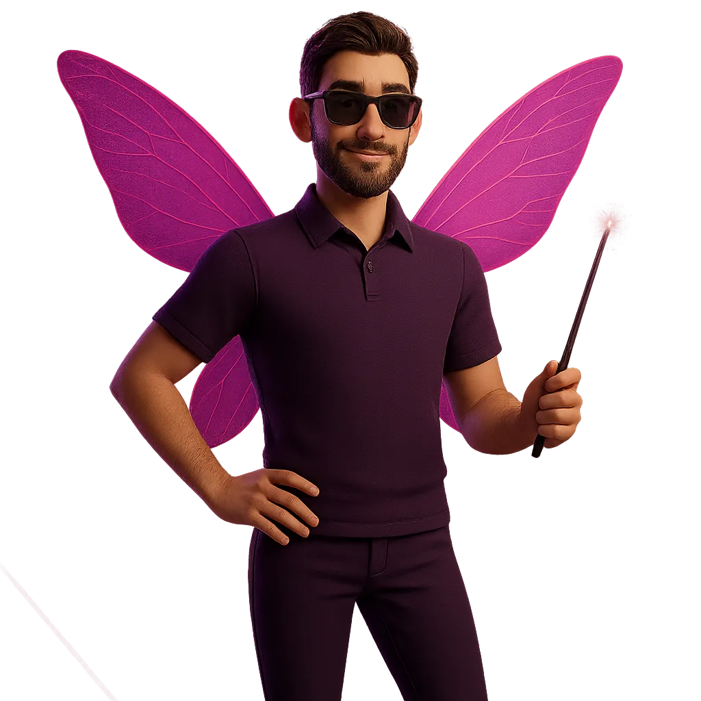 Fairy Shay - the playful bearded mascot wearing sunglasses and vibrant pink fairy wings