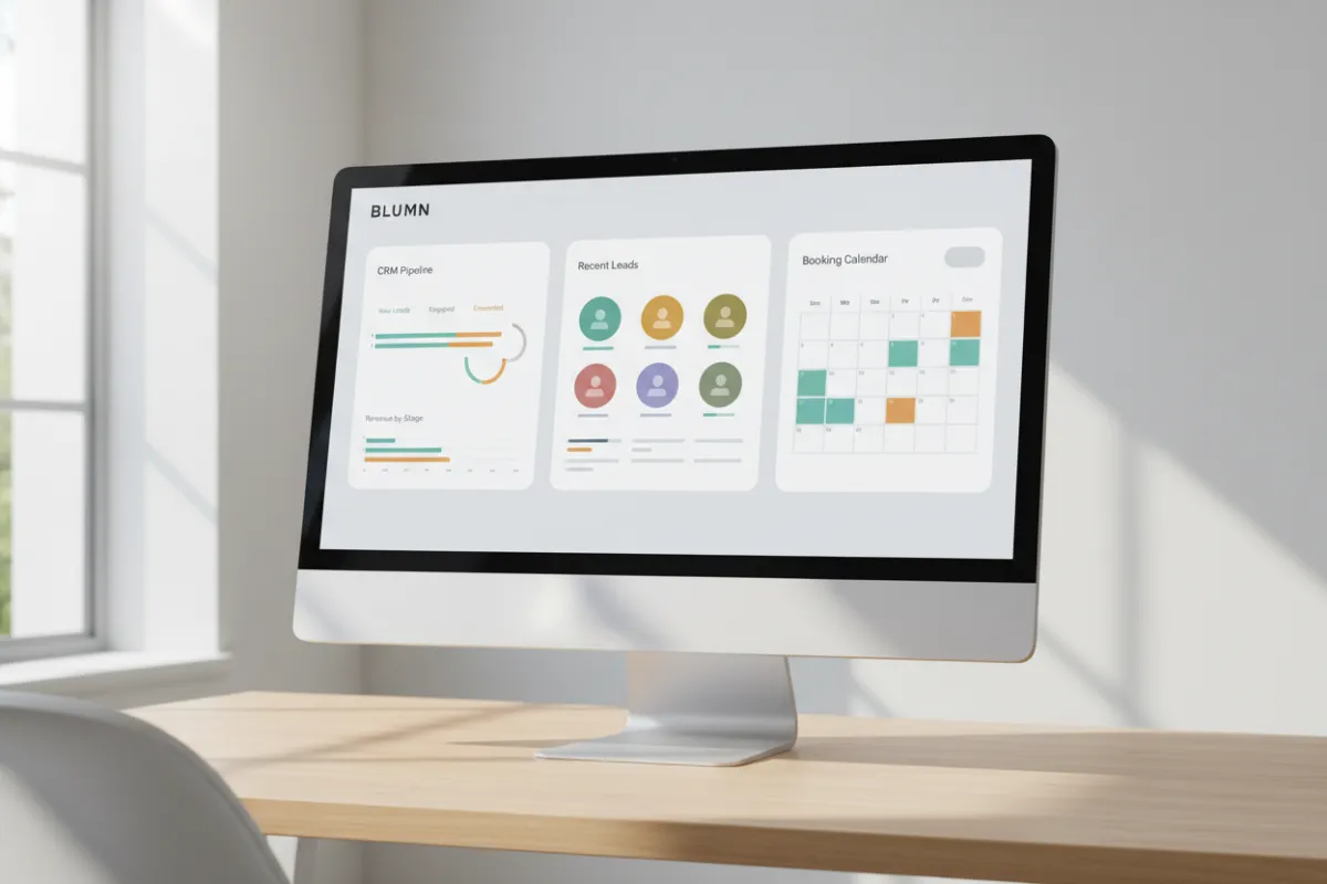 BLUMN CRM dashboard showing unified pipeline, leads, and booking calendar widgets