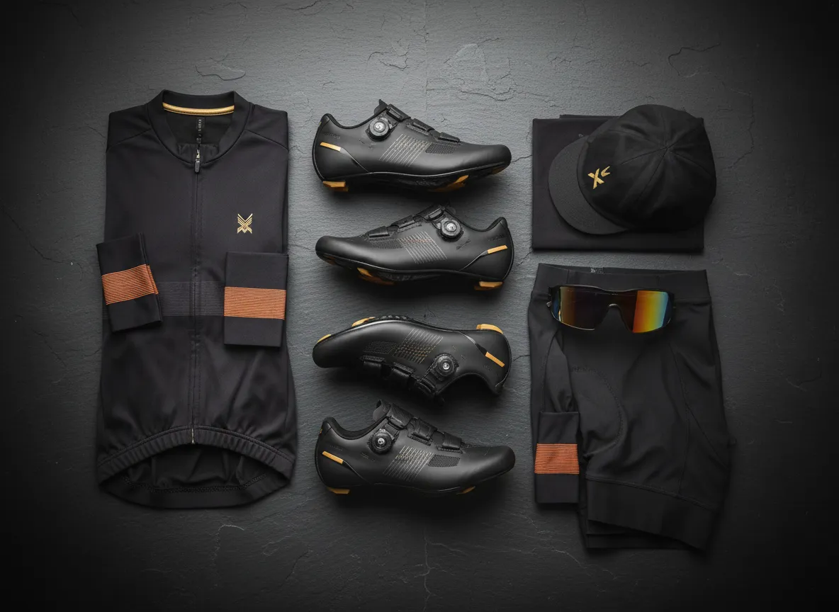 High-end cycling shoes and aero apparel laid out in a luxury setting