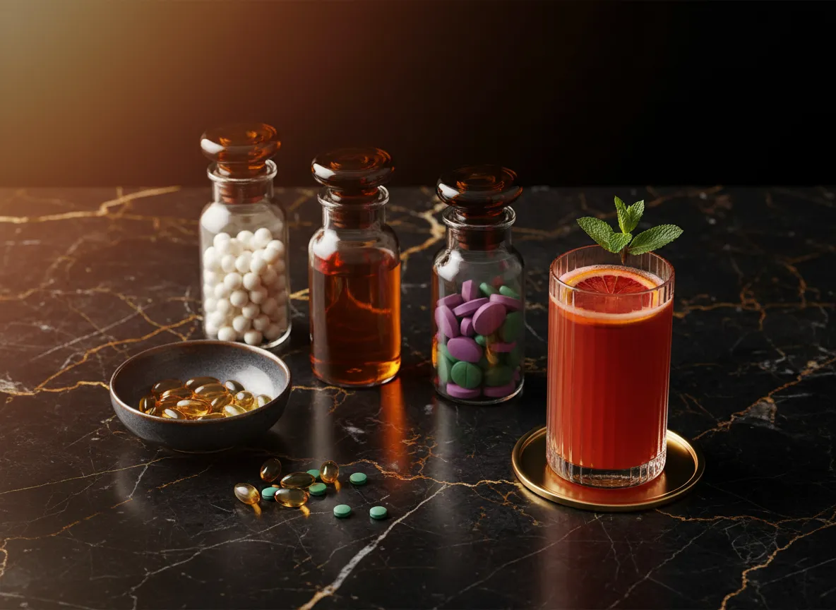 Premium vitamins and detox juice on marble surface