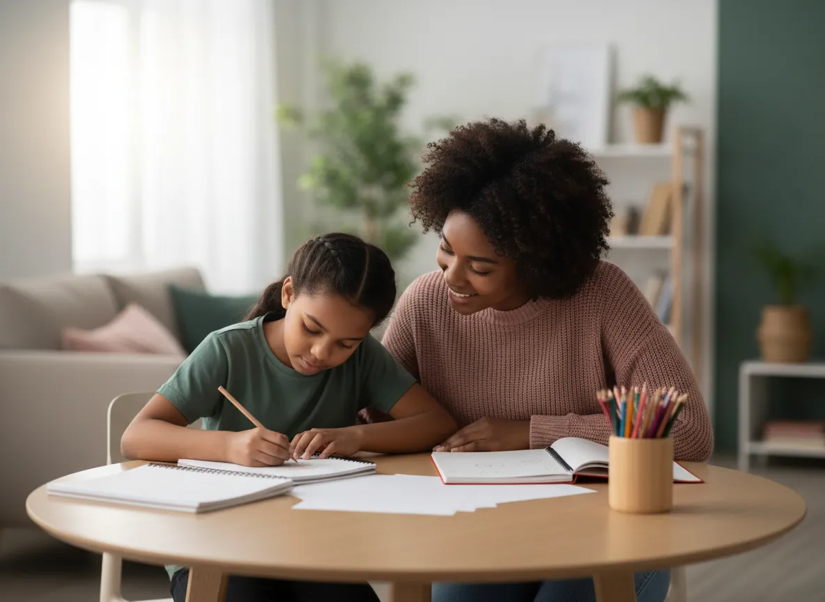 Student working with a tutor at a table