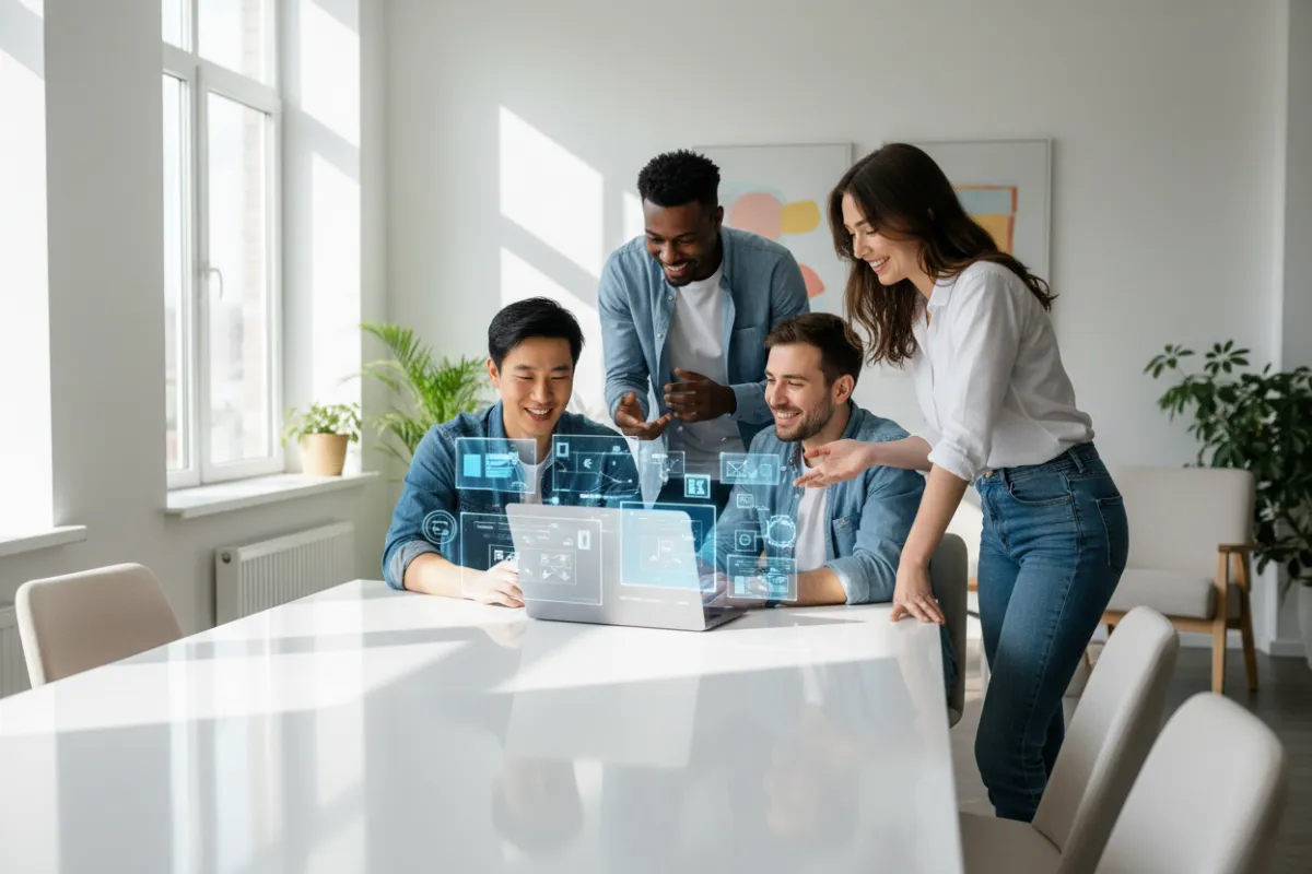 A diverse group of adults collaborating around a laptop, vibrant workspace, digital interface overlays, energetic mood, modern style, 3:2 aspect ratio