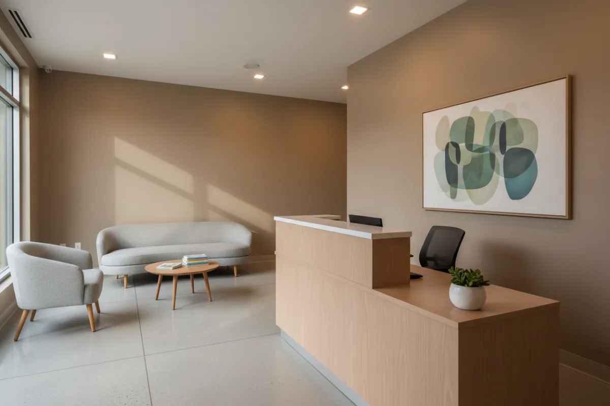 Modern reception area with neutral taupe walls, soft lighting, and a small plant on the desk