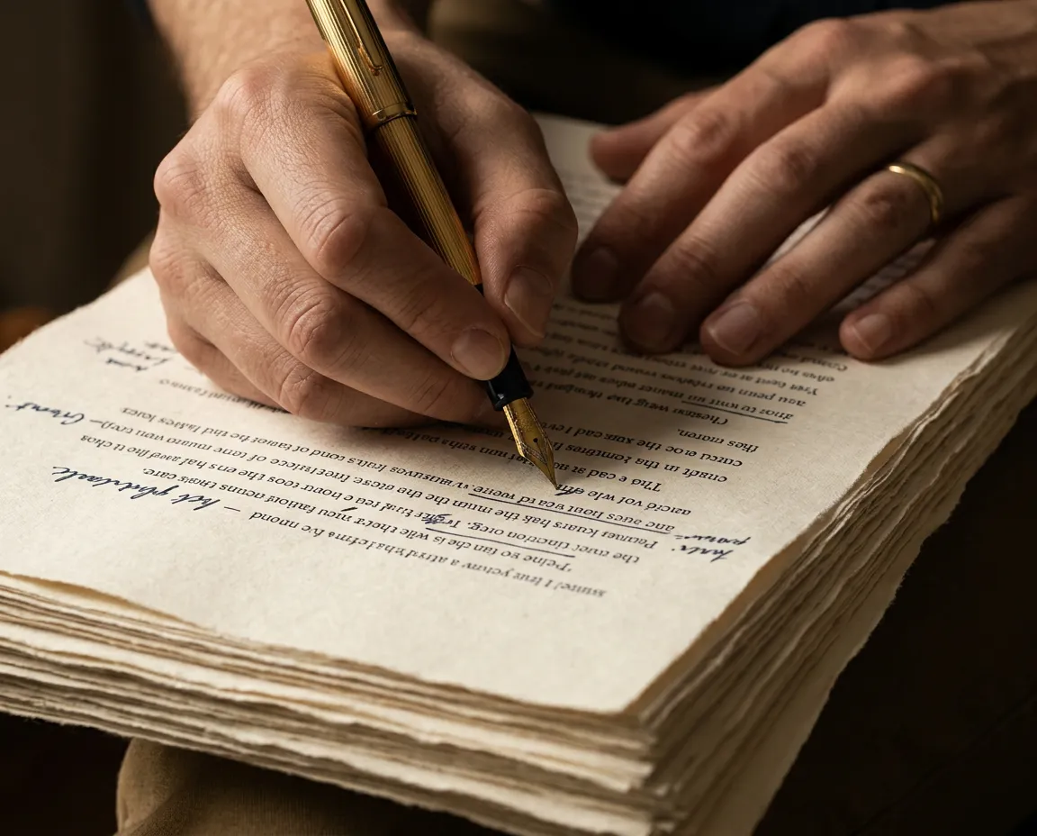 Senior book editor annotating printed manuscript proofs with fountain pen beside warm lamp