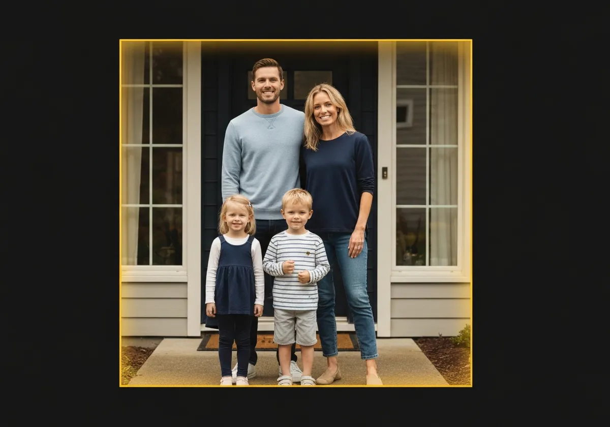 Family standing securely in front of their newly protected home