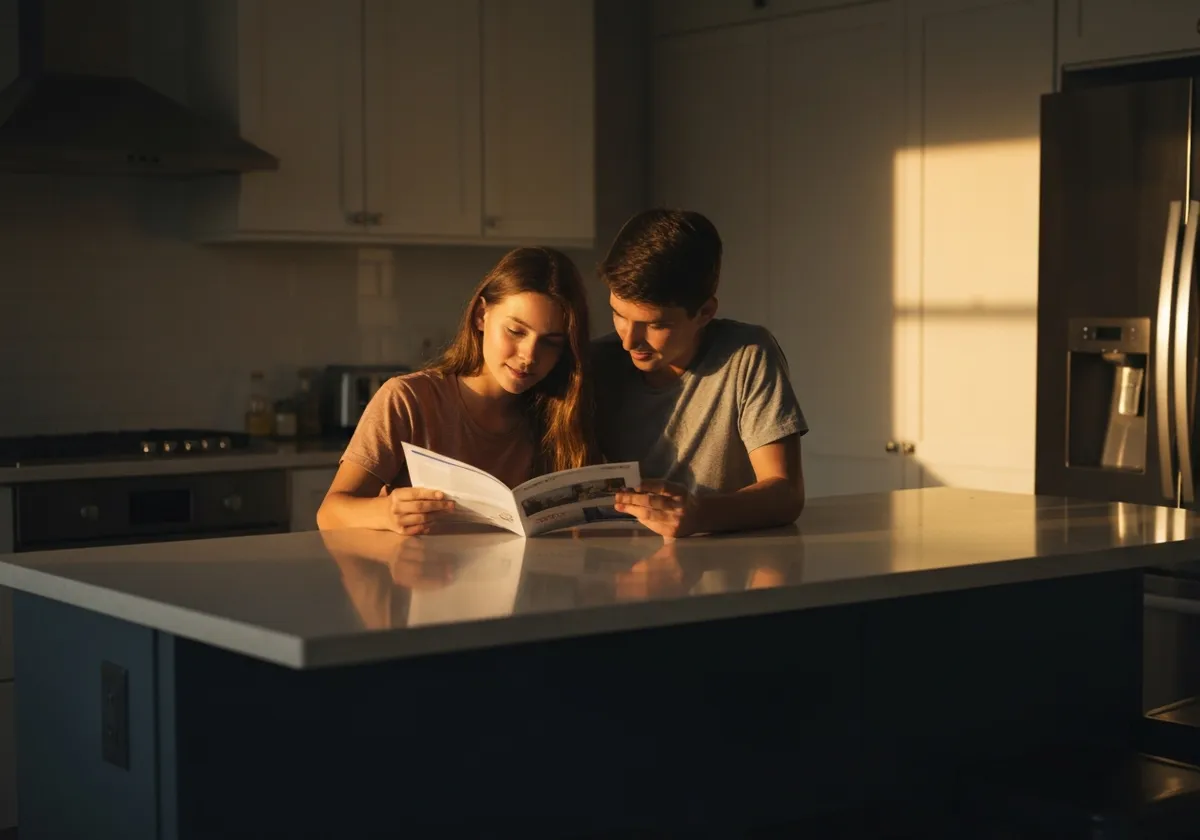 Parent and child looking at college brochures together