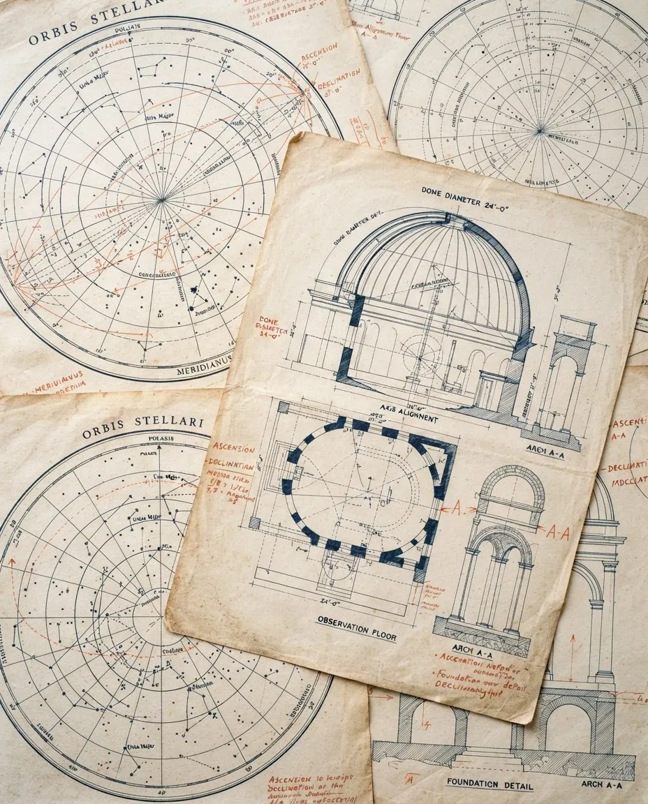 Tangible study of architectural geometric diagrams and classical structural drafting on warm parchment