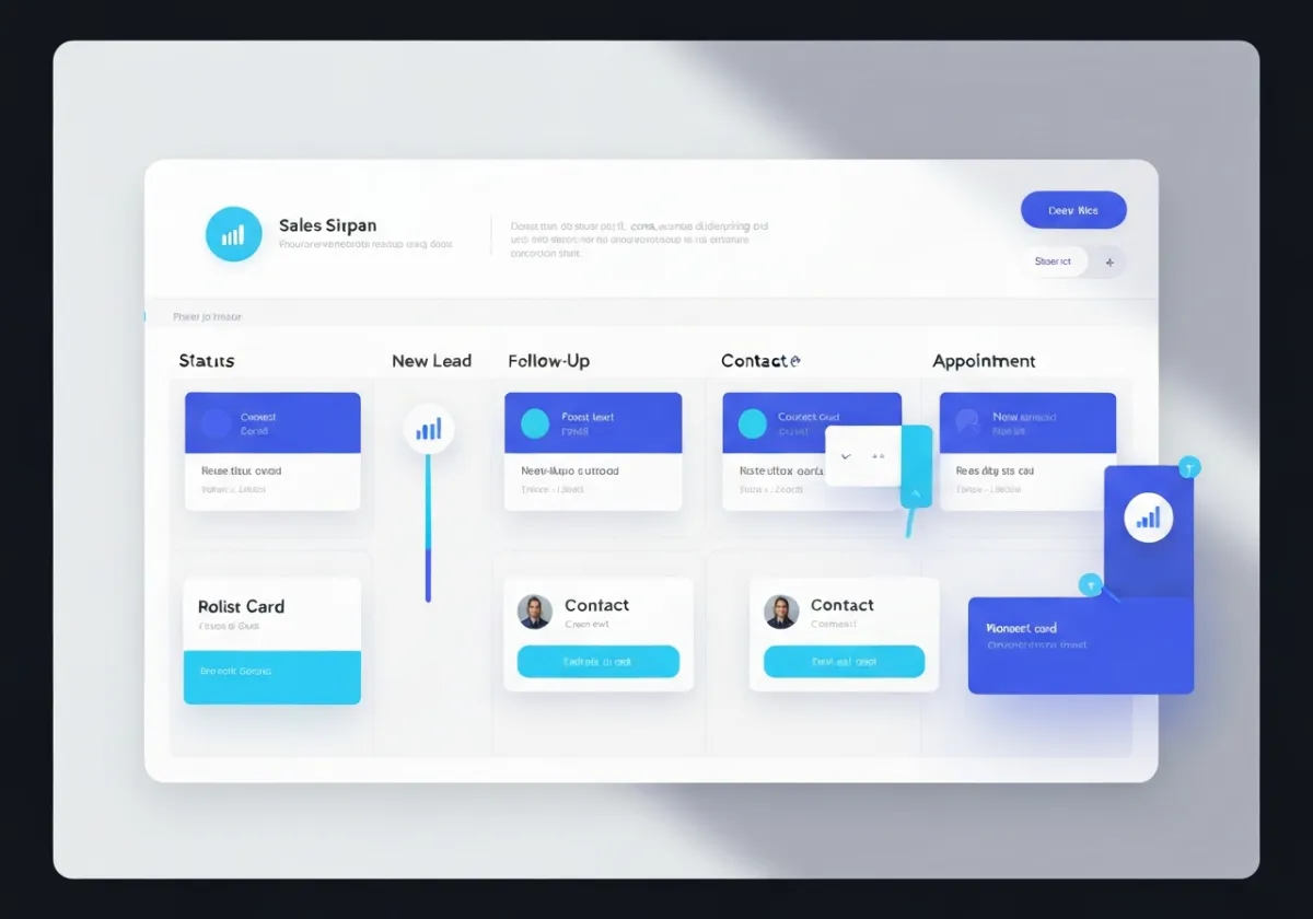 Pipeline dashboard UI mockup displaying opportunity stages and drag-and-drop contact cards