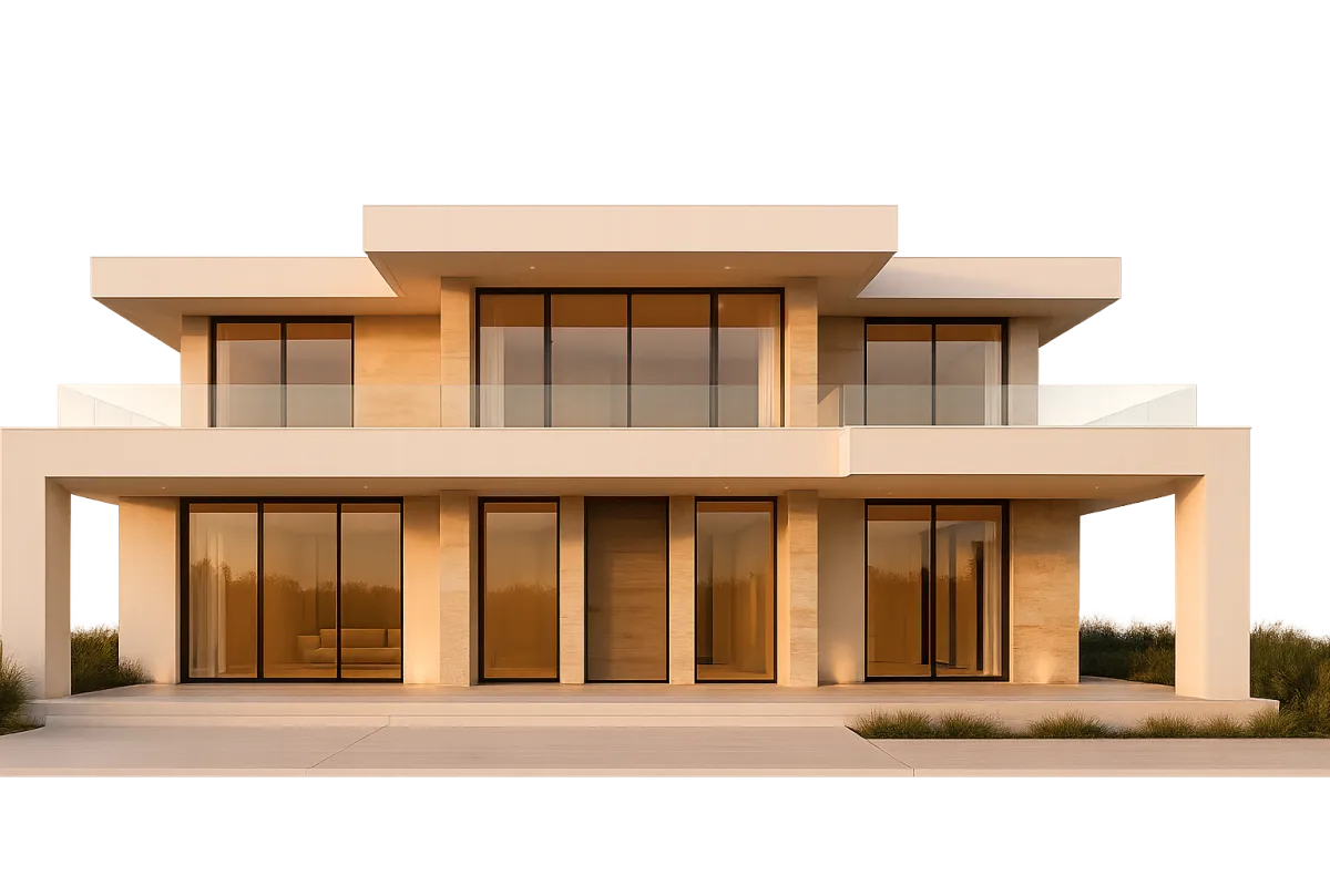 Villa moderna de lujo con líneas arquitectónicas limpias, fondo transparente