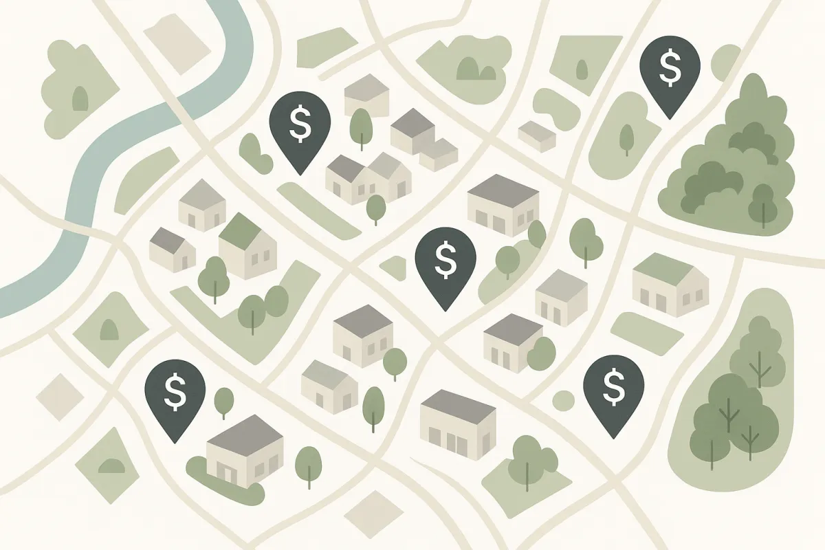 Mapa del mercado local con marcadores de oportunidades