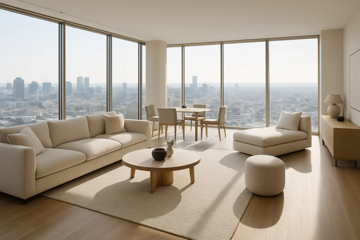 Interior espacioso de penthouse de lujo con vistas panorámicas a la ciudad, mobiliario contemporáneo en tonos neutros.