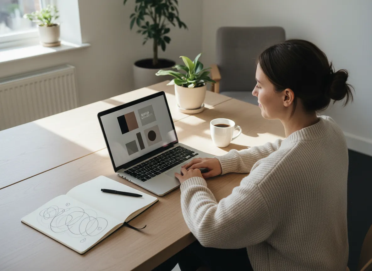 Creator working on laptop building brand assets