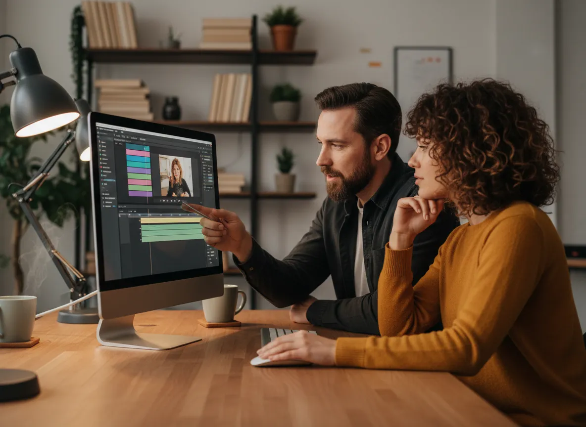 Editor mentoring a small business owner on video editing software