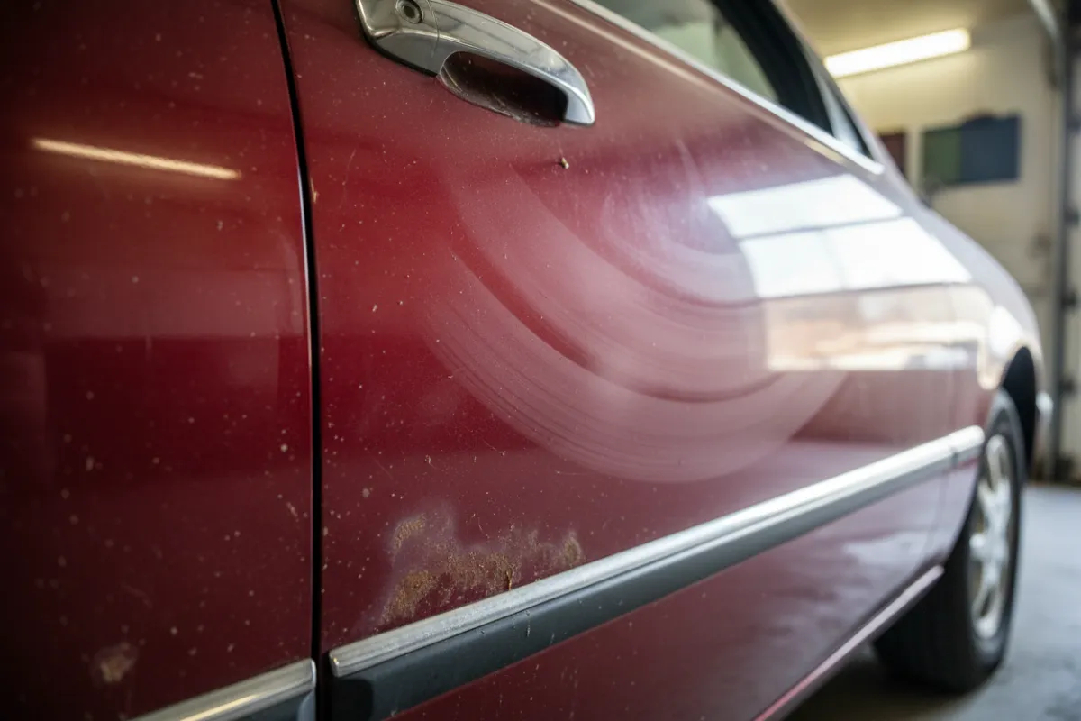 Before shot of vehicle door with visible oxidation and swirl marks.