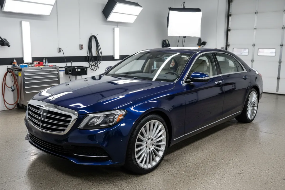 A pristine dark-blue sedan at a professional detailing bay with glossy paint and polished wheels.