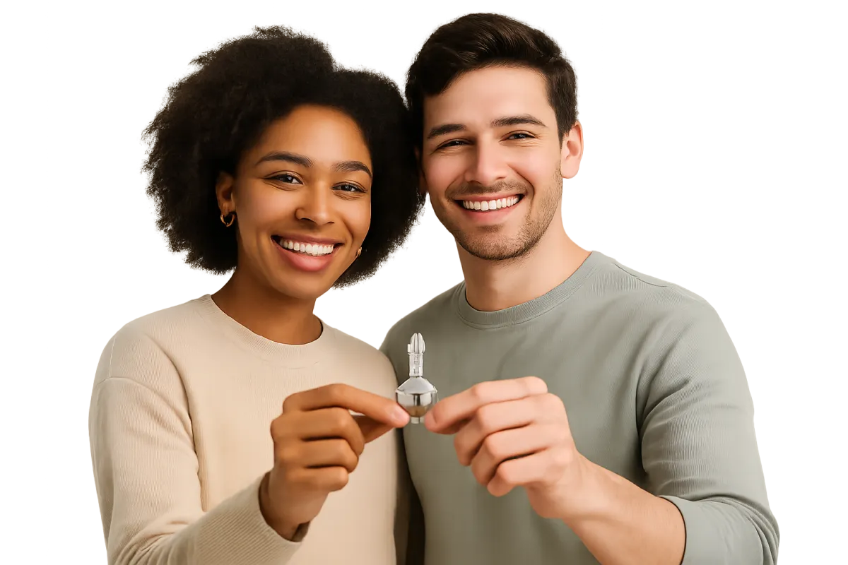 A diverse young couple smiling and holding a house key together, symbolizing new homeownership.