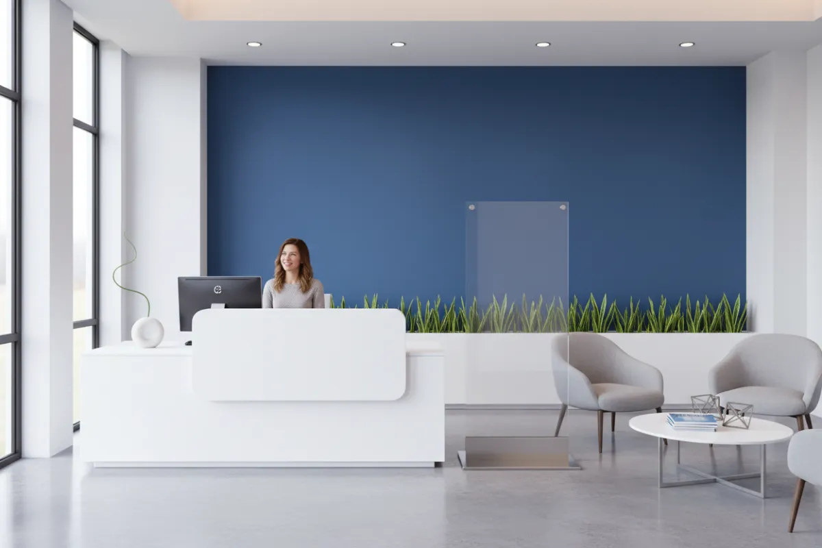 Modern office reception area with blue accent wall and friendly receptionist