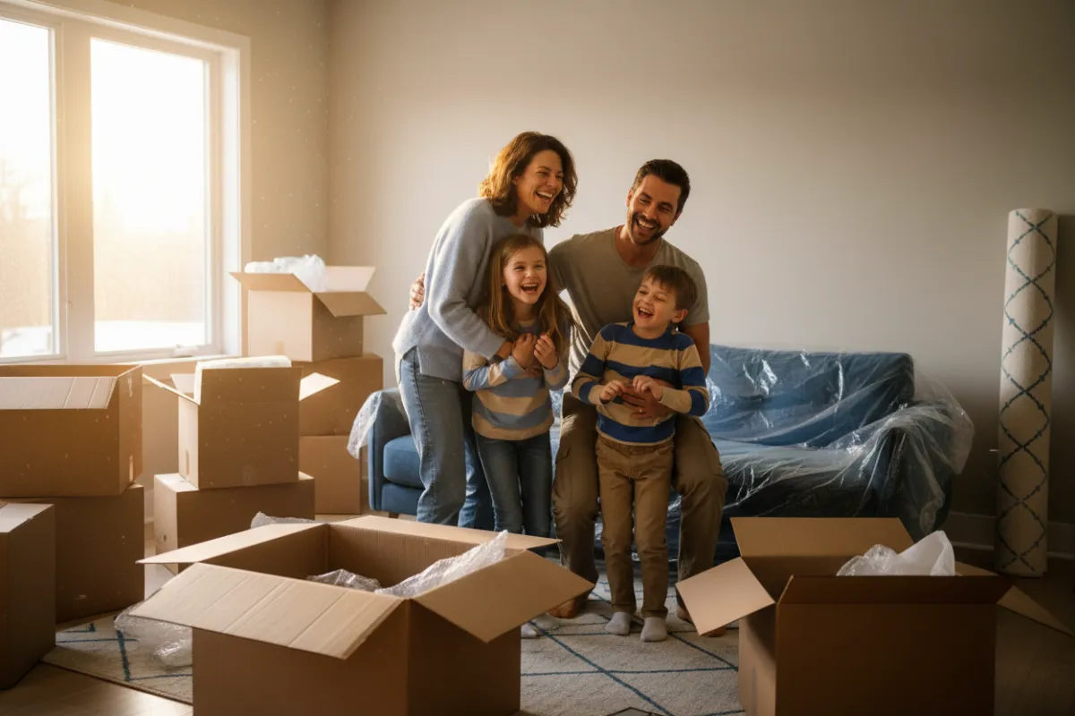 A candid moment of a family of four, parents and two children, laughing together in their new living room surrounded by moving boxes. The scene is filled with warm, natural light, and the family’s expressions convey excitement and relief. The decor is modern, with blue and neutral tones.