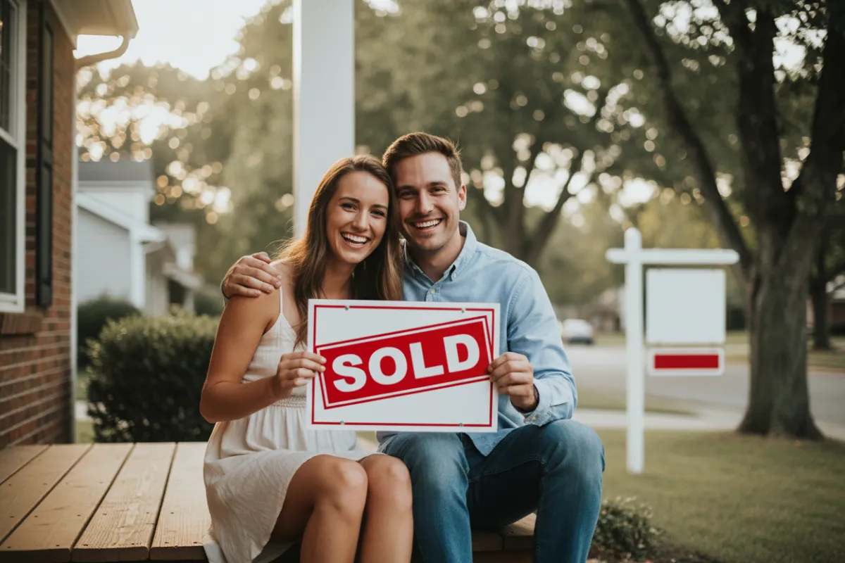 A candid photo of a young woman and her partner sitting on the porch of their new home, smiling and holding a 'Sold' sign. The background features a suburban neighborhood with trees and sunlight, capturing a genuine moment of happiness and accomplishment.