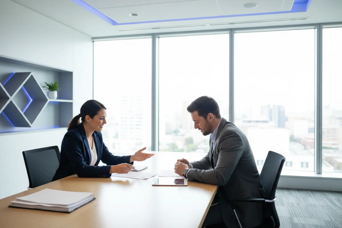 A bright, modern office scene with a professional mortgage advisor and a client sitting across a table, reviewing documents together. The advisor is smiling and gesturing supportively. The background features large windows with natural light and subtle blue accents, conveying trust and approachability.