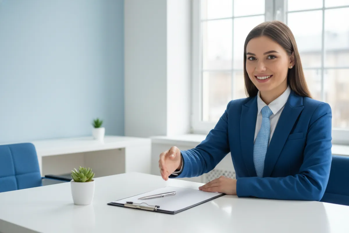 A cheerful mortgage advisor extending a handshake across a desk in a modern, blue and white office.