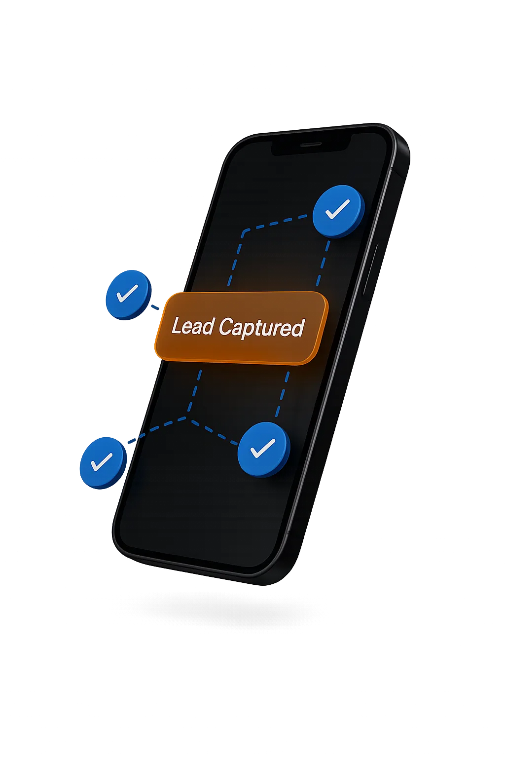 A sleek, dark-themed mobile smartphone displaying a glowing amber Lead Captured notification bubble