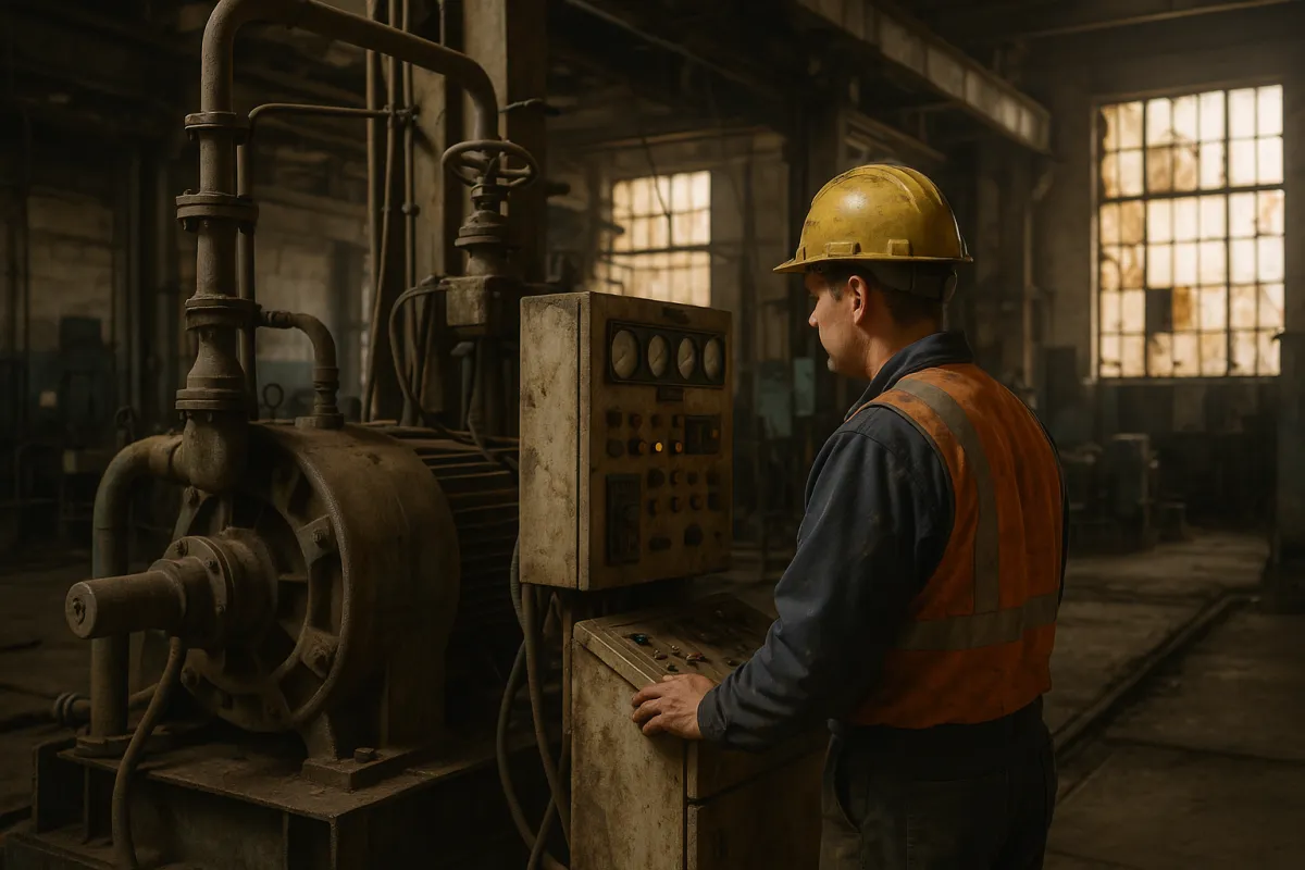 Nave industrial con equipo mecánico visible y señales de desgaste; operario observando un panel. Escena realista que comunica riesgo operativo y necesidad de intervención profesional.