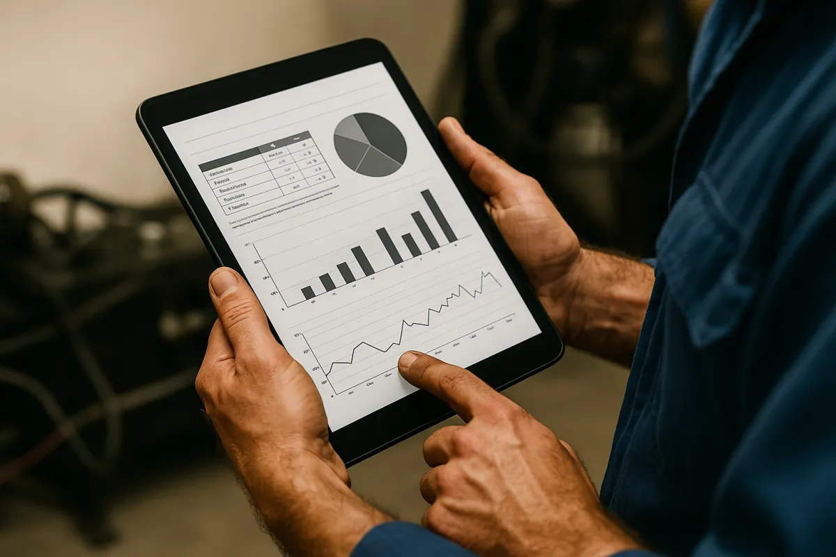Técnico sosteniendo tablet con informe técnico visible