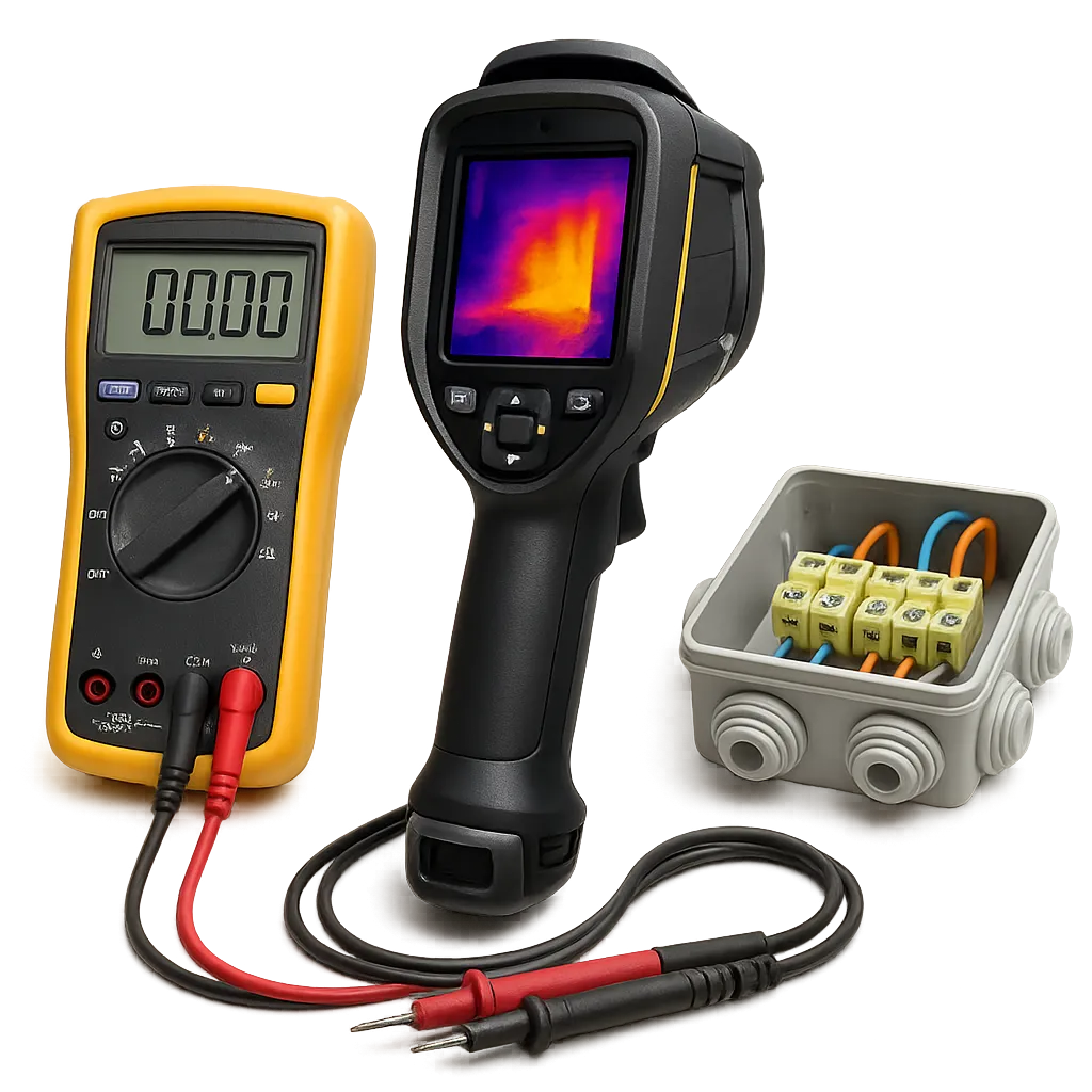 Herramientas de diagnóstico industrial: multímetro profesional, cámara térmica y caja de conexiones